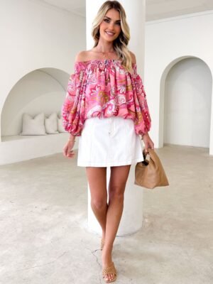 Leni Off Shoulder Top - Pink Paisley