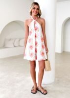 Maca Halter Dress - Coral Flowers